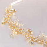 Maxbell Crystal Pearls Vine Headband Tiara Wedding Bride Prom Hair Accessory-Gold