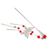 Women Butterfly Hair Stick with Beads Tassels Hair Accessories Red