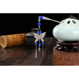 Women Butterfly Hair Stick with Beads Tassels Hair Accessories Blue