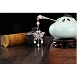 Women Butterfly Hair Stick with Beads Tassels Hair Accessories Pink