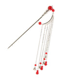 Ancient Chinese Cosplay Drama Hair Stick Pin Tassel Bell Bead Red