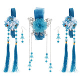 Maxbell 1 Set Ancient Chinese Hair Clip Tassel Ribbon Flower Drop Earring Lake Blue