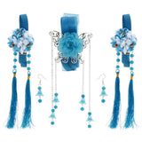 Maxbell 1 Set Ancient Chinese Hair Clip Tassel Ribbon Flower Drop Earring Lake Blue