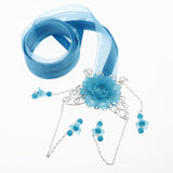 Maxbell 1 Set Ancient Chinese Hair Clip Tassel Ribbon Flower Drop Earring Lake Blue