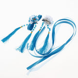 Maxbell 1 Set Ancient Chinese Hair Clip Tassel Ribbon Flower Drop Earring Lake Blue