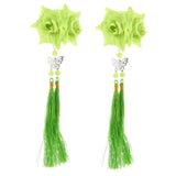 2 Pieces Fbaric Flower Butterfly Tassel Hair Clip Hair Accessories Green