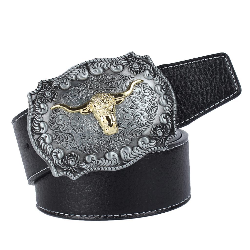 Mens Western Cowboy Leather Belt Waistband Arabesque Cow Head Buckle Black