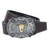 Mens Western Cowboy Leather Belt Waistband Arabesque Cow Head Buckle Coffee