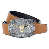 Mens Western Cowboy Leather Belt Waistband Arabesque Cow Head Buckle Brown