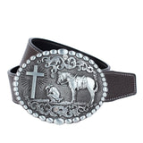 Mens Western Leather Belt Knight Horse Cross Skull Cowboy Buckle Coffee