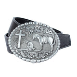 Mens Western Leather Belt Knight Horse Cross Skull Cowboy Buckle Black