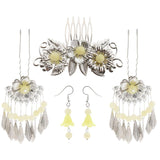 1 Set Ancient Chinese Flower Hair Comb Tassel Dangle Earrings Light Yellow