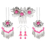 1 Set Ancient Chinese Flower Hair Comb Tassel Dangle Earrings Dark Pink