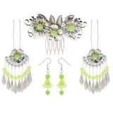 1 Set Ancient Chinese Flower Hair Comb Tassel Dangle Earrings Light Green