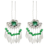 1 Set Ancient Chinese Flower Hair Comb Tassel Dangle Earrings Dark Green