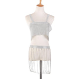 Max Fashion Unique Backless Slip Rhinestone Tassel Body Waist Chain Sets  Silver