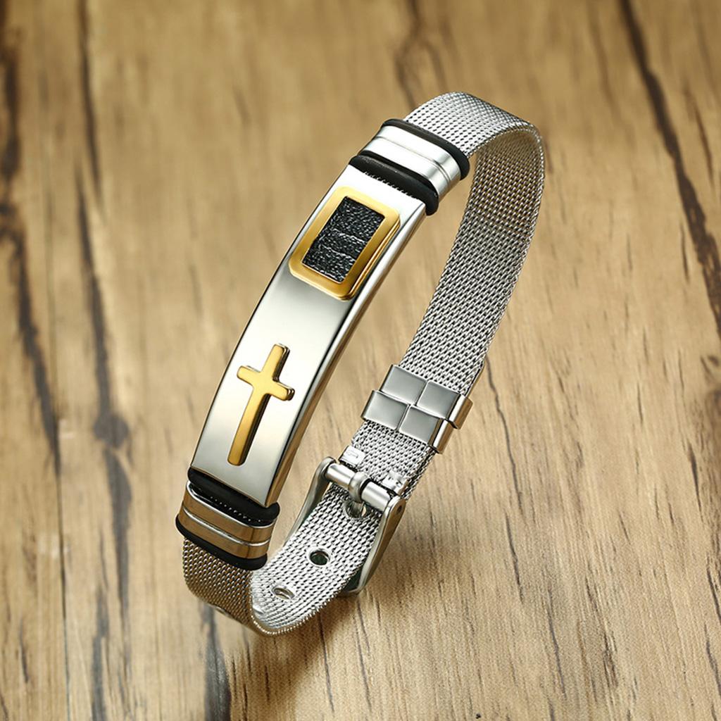 Maxbell 12mm Width Fashion Stainless Steel Adjustable Men Cross Bracelet  Gold