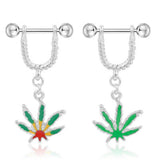 Maxbell 1 Pair Maple Leaf Dangle Straight Barbell Nipple Ring Green Maple Leaf