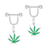 Maxbell 1 Pair Maple Leaf Dangle Straight Barbell Nipple Ring Green Maple Leaf