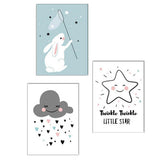 Maxbell 3 Panel Cute Clouds Star Rabbit Canvas Painting Wall Art for Home Decor