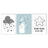 Maxbell 3 Panel Cute Clouds Star Rabbit Canvas Painting Wall Art for Home Decor