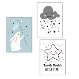 Maxbell 3 Panel Cute Clouds Star Rabbit Canvas Painting Wall Art for Home Decor