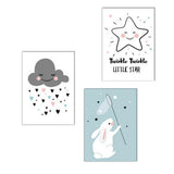 Maxbell 3 Panel Cute Clouds Star Rabbit Canvas Painting Wall Art for Home Decor