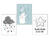 Maxbell 3 Panel Cute Clouds Star Rabbit Canvas Painting Wall Art for Home Decor