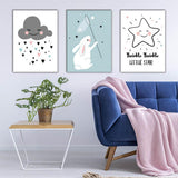 Maxbell 3 Panel Cute Clouds Star Rabbit Canvas Painting Wall Art for Home Decor