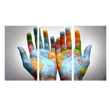 Maxbell 3 Panel World Map on A Pair of Hands Canvas Painting Wall Art for Home Decor