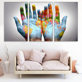 Maxbell 3 Panel World Map on A Pair of Hands Canvas Painting Wall Art for Home Decor