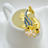 Maxbell Gold Plated Cute Two Fishes with Blue Rhinestone Pearls Animal Brooch Pin