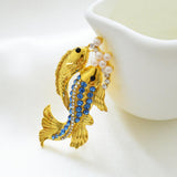 Maxbell Gold Plated Cute Two Fishes with Blue Rhinestone Pearls Animal Brooch Pin