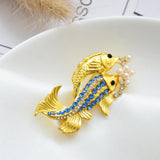 Maxbell Gold Plated Cute Two Fishes with Blue Rhinestone Pearls Animal Brooch Pin