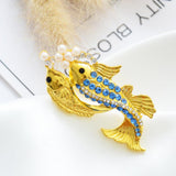Maxbell Gold Plated Cute Two Fishes with Blue Rhinestone Pearls Animal Brooch Pin