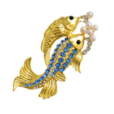 Maxbell Gold Plated Cute Two Fishes with Blue Rhinestone Pearls Animal Brooch Pin