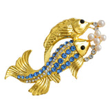 Maxbell Gold Plated Cute Two Fishes with Blue Rhinestone Pearls Animal Brooch Pin