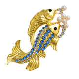 Maxbell Gold Plated Cute Two Fishes with Blue Rhinestone Pearls Animal Brooch Pin