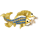 Maxbell Gold Plated Cute Two Fishes with Blue Rhinestone Pearls Animal Brooch Pin