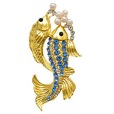 Maxbell Gold Plated Cute Two Fishes with Blue Rhinestone Pearls Animal Brooch Pin