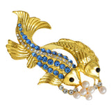 Maxbell Gold Plated Cute Two Fishes with Blue Rhinestone Pearls Animal Brooch Pin