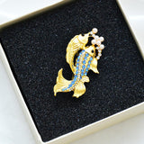 Maxbell Gold Plated Cute Two Fishes with Blue Rhinestone Pearls Animal Brooch Pin