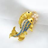 Maxbell Gold Plated Cute Two Fishes with Blue Rhinestone Pearls Animal Brooch Pin