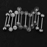 Maxbell 12 Pieces Assorted Crystal Acrylic Barbell Tongue Stainless Steel 14G Ring