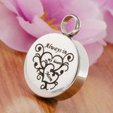 Maxbell Stainless Steel Round Memorial Keepsake Always in My Heart Pendant Mom
