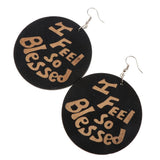 Maxbell Vintage Black Wood Ethnic Lettering Tribal Dangle Earring I FEEL SO BLESSED