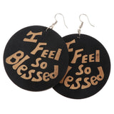 Maxbell Vintage Black Wood Ethnic Lettering Tribal Dangle Earring I FEEL SO BLESSED