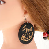 Maxbell Vintage Black Wood Ethnic Lettering Tribal Dangle Earring I FEEL SO BLESSED