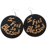 Maxbell Vintage Black Wood Ethnic Lettering Tribal Dangle Earring I FEEL SO BLESSED