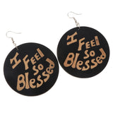 Maxbell Vintage Black Wood Ethnic Lettering Tribal Dangle Earring I FEEL SO BLESSED